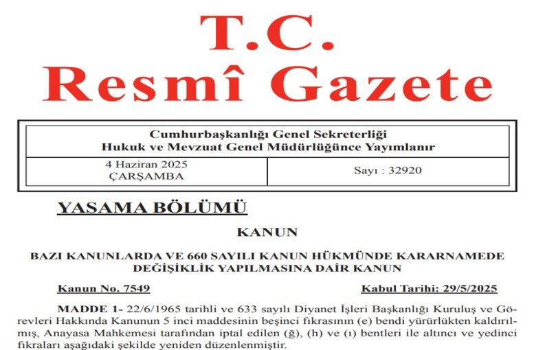 June 4, 2025 Official Gazette Published: Wide-Ranging Regulations and Decisions from Religious Affairs to Defense, Banking to Disaster Management